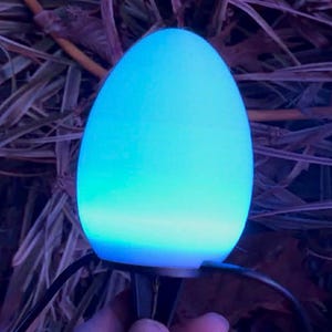 May include: A glowing, egg-shaped outdoor light fixture. The light emits a gradient of blue hues, transitioning from a bright turquoise at the top to a softer, lighter blue at the base. The fixture is mounted on a black stake.