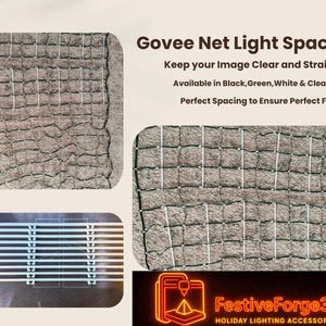 May include: Image of Govee Net Light Spacers. The image shows a grid-like structure with white vertical and horizontal lines. The text says the spacers are available in black, green, white, and clear. The product is designed to keep images clear and straight.