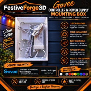 Govee Permanent Outdoor Lights Controller & Power Supply Mounting Box | 3D Printed Wall Mount Organizer for H705/H706