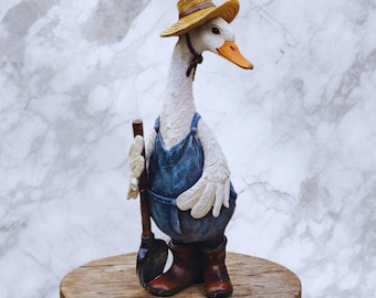 Duck Garden Statue - Whimsical Resin "Male Duck" with Shovel & Straw Hat