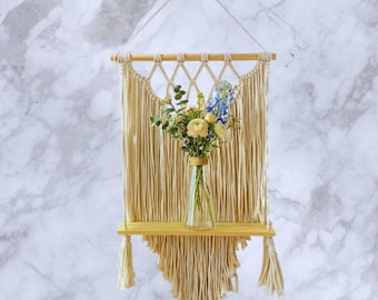 Boho Macrame Wall Shelf, Hand Woven Floating Wooden Shelf for Plants & Decor
