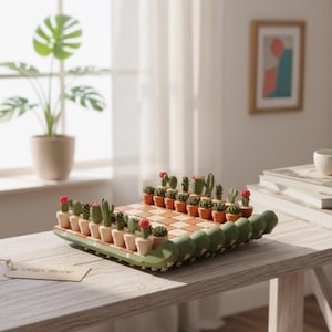 Puede incluir: Un original juego de ajedrez con piezas en forma de cactus en peque&ntilde;as macetas de terracota. El tablero tiene una base verde y una superficie de juego a cuadros. El juego se exhibe sobre una mesa de madera con una etiqueta que dice "UNIQUE PRESENT".