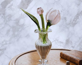 Mini Glass Flower Figurine, Handcrafted Crystal Bloom in Petite Vase