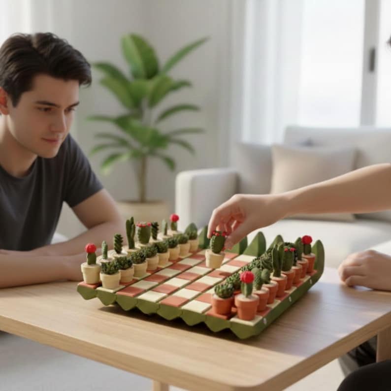 Puede incluir: Un original juego de ajedrez con tem&aacute;tica de cactus. Las piezas son peque&ntilde;os cactus en macetas de terracota, con detalles de flores rojas. El tablero presenta un dise&ntilde;o de tablero de ajedrez verde y rojo. El juego est&aacute; sobre una mesa de madera clara.