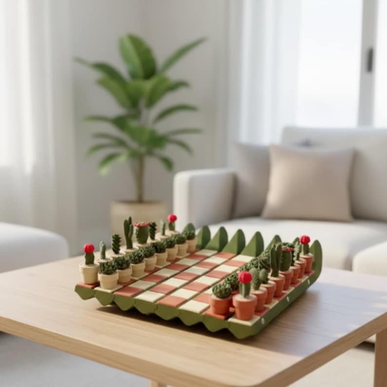 Puede incluir: Un original juego de ajedrez con tem&aacute;tica de cactus. El tablero es verde y rojo, con peque&ntilde;os cactus en macetas como piezas de ajedrez. Las piezas tienen detalles de flores rojas. El juego est&aacute; sobre una mesa de madera clara.