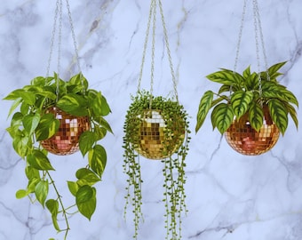 Maceta colgante con bola de discoteca y espejo – Decoración retro para el hogar