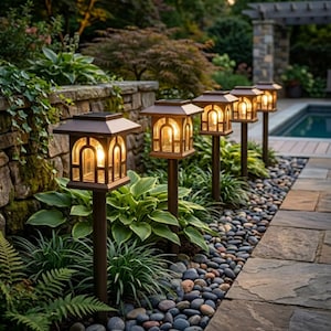May include: A row of solar-powered garden lights with a bronze finish. Each light has a square top and a glass-paneled lantern design, emitting a warm glow. The lights are set along a stone pathway, surrounded by greenery and pebbles.