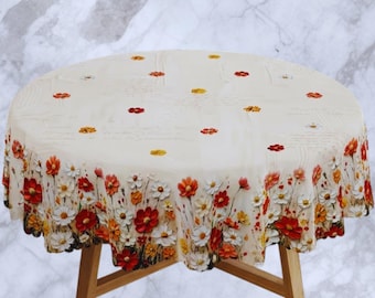 Oil Painting Floral Tablecloth – Scalloped Edge Polyester Botanical Print