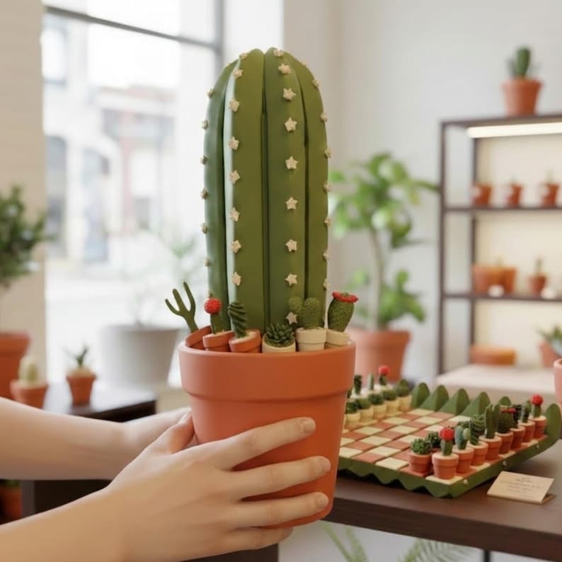Puede incluir: Una gran escultura de cactus verde con acentos de estrellas blancas en una maceta de terracota. Cactus en miniatura en macetas peque&ntilde;as rodean la base. Un juego de ajedrez con tem&aacute;tica de cactus est&aacute; en el fondo, con un tablero de ajedrez marr&oacute;n y verde.