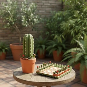 Puede incluir: Un juego de ajedrez con tem&aacute;tica de cactus con un tablero a cuadros verde y marr&oacute;n y peque&ntilde;as piezas de cactus. Un gran cactus verde en una maceta de terracota se encuentra junto al juego de ajedrez sobre una mesa redonda de madera. El fondo presenta una pared de ladrillo y plantas en macetas.