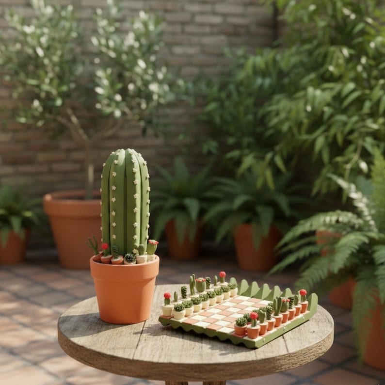 Puede incluir: Un juego de ajedrez con tem&aacute;tica de cactus con un tablero a cuadros verde y marr&oacute;n y peque&ntilde;as piezas de cactus. Un gran cactus verde en una maceta de terracota se encuentra junto al juego de ajedrez sobre una mesa redonda de madera. El fondo presenta una pared de ladrillo y plantas en macetas.