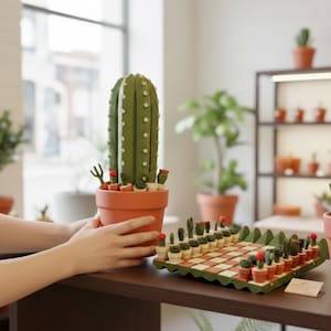 Puede incluir: Una escultura de cactus verde con detalles de estrellas en una maceta de terracota, rodeada de cactus en miniatura. Un juego de ajedrez con tem&aacute;tica de cactus con cactus en macetas como piezas se exhibe en una superficie de madera, mostrando un tema decorativo &uacute;nico.