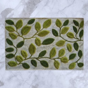 Green leaf doormat, fluffy waterproof floor rug with embossed botanical pattern