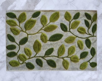 Green leaf doormat, fluffy waterproof floor rug with embossed botanical pattern