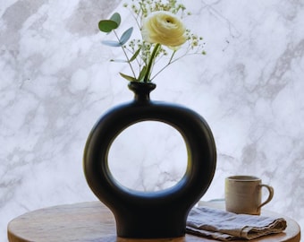 Modern Ceramic Vase, Black Circular Sculpture with Matte Finish