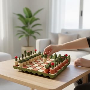 Puede incluir: Un original juego de ajedrez con tem&aacute;tica de cactus. El tablero es verde y rojo, con cada casilla bien definida. Las piezas son cactus en miniatura en macetas. Se ve una mano moviendo una pieza.