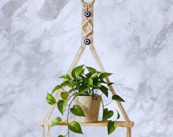 Macrame Wall Hanging Shelf with Blue Evil Eye Beads, Hand-Woven Boho Decor