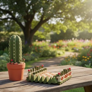 Puede incluir: Un juego de ajedrez con tem&aacute;tica de cactus y un gran cactus en maceta de terracota sobre una mesa de madera. El ajedrez presenta peque&ntilde;os cactus en macetas, con detalles de flores rojas. El fondo muestra un jard&iacute;n soleado.