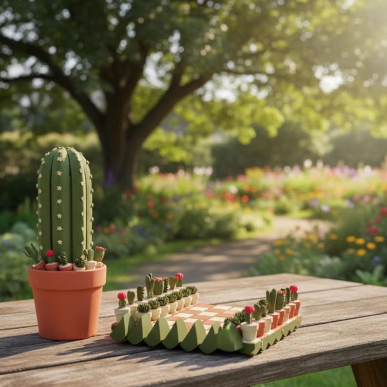 Puede incluir: Un juego de ajedrez con tem&aacute;tica de cactus y un gran cactus en maceta de terracota sobre una mesa de madera. El ajedrez presenta peque&ntilde;os cactus en macetas, con detalles de flores rojas. El fondo muestra un jard&iacute;n soleado.