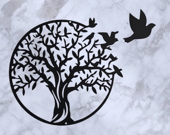 Metal Tree of Life Wall Art, Modern Black Silhouette with Flying Birds