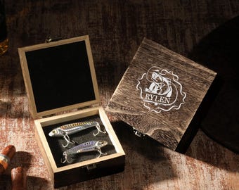 Personalized Fishing Lure Wooden Gift Box, Custom 2 Metal Fish Hook Bait Gift For Fisherman Dad Husband, Father's Day Gift, Retirement Gift