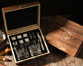 Personalized Whiskey Gift Set, Engraved Wooden Box, Glasses, Stones, Tongs, Man Cave Gift, Engraved Gifts for Dad, Boyfriend, Groomsmen