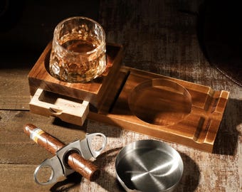 Engraved Cigar & Whiskey Tray Glass Holder Ashtray, Multi Function Cigar Ashtray With Storage Drawer, Perfect Gift for Men