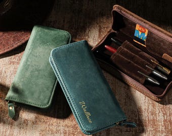 Personalized Leather Pen Case, Fountain Pen Holder, Zipper Pen Pouch, Leather Pencil Case, Gift for Writer, Teacher Gift, Father's Day Gift