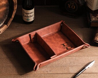 Personalized Leather Valet Tray for Men, Custom Divided Catchall Tray, Gift for Husband Dad Groomsmen Anniversary Birthday Housewarming