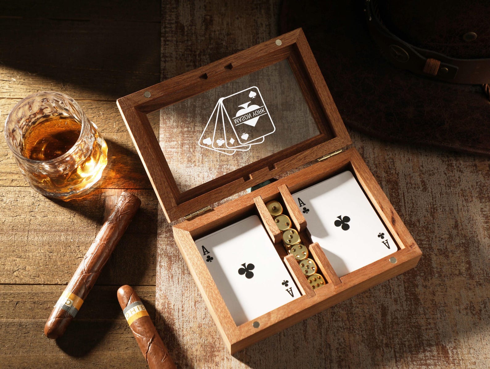 Personalized Playing Card Deck Case, Playing Card Holder, Personalized Wooden Playing Card Box with Glass Lid, Playing Cards and Dice Set - Style2, F-5