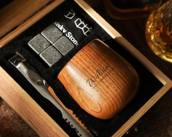 Personalized Whiskey Bourbon Glass Set with Wooden Box, Whiskey Stones, Groomsmen Gift, Gift for Husband, Whiskey Lover, Fathers Day Gift