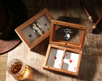 Étui personnalisé pour jeu de cartes, porte-cartes, boîte en bois personnalisée pour cartes à jouer avec couvercle en verre, jeu de cartes et de dés