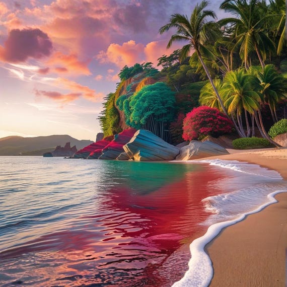 Vibrant Color Beach Wall Art Printable Photorealistic Tropical Seascape Sunset Ocean Paradise Nature Decor Digital Download