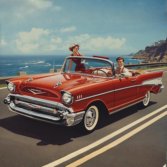 1950s Couple in 1957 Chevy Bel Air Convertible Vintage Retro Car Wall Art Printable Classic Americana Photography Digital Download
