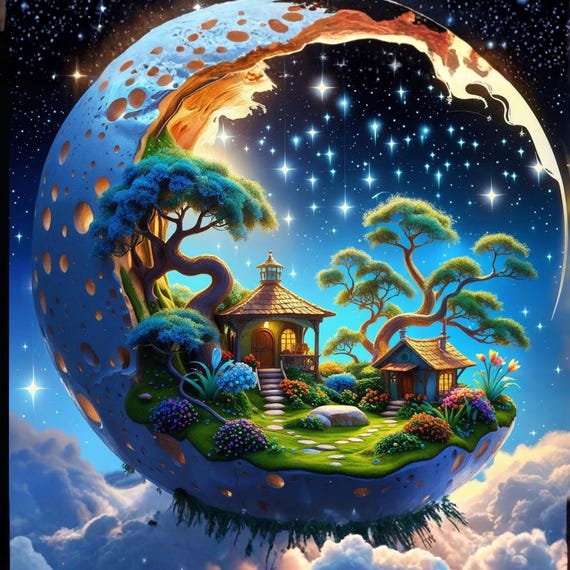 Fantasy Landscape Luminous Moon Wall Art Printable Celestial Dreamscape Magical Night Sky Home Decor Digital Download