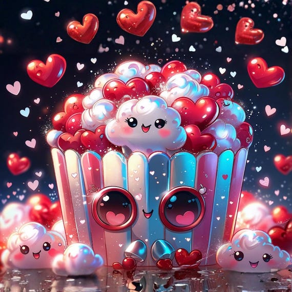 Valentine’s Popcorn & Hearts Cartoon Wall Art Printable Cute Romantic Pop Art Illustration Fun Love Theme Digital Download
