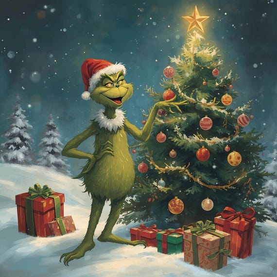 Grinch Christmas Character Wall Art Printable Whimsical Holiday Illustration Festive Winter Cartoon Decor Digital Download