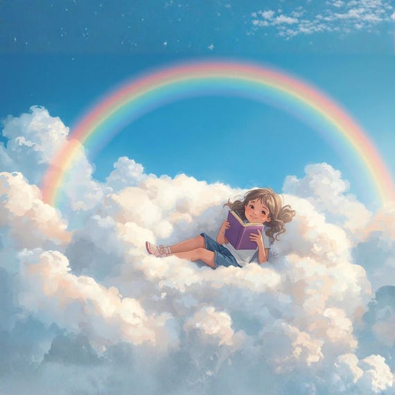 Fantasy Girl Reading Book in Clouds Wall Art Printable Dreamy Sky Illustration Whimsical Storybook Aesthetic Digital Download