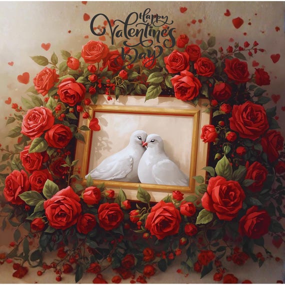 Valentine’s Day Dove and Roses Wall Art Printable Romantic Love Illustration Floral Birds Aesthetic Digital Download