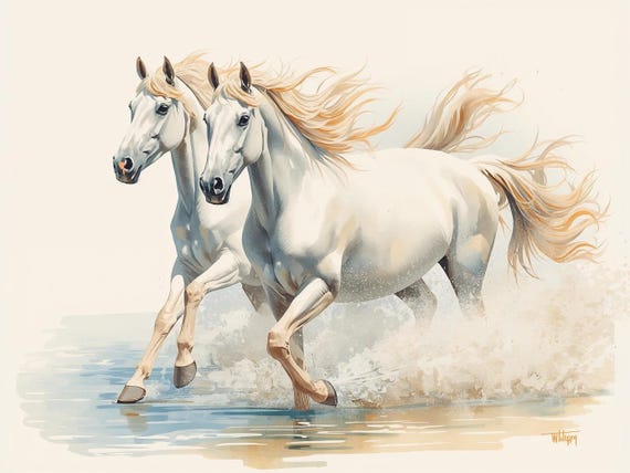 White Horses Wall Art Printable Elegant Wildlife Equestrian Nature Minimalist Animal Decor Digital Download