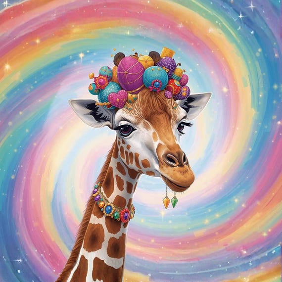 Whimsical Giraffe Art Print Printable Rainbow Swirl Background Colorful Animal Illustration Kids Room Decor Digital Download