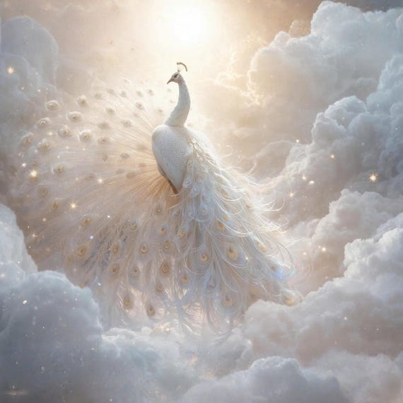 Majestic White Peacock in Clouds Wall Art Printable Ethereal Fantasy Bird Sky Landscape Dreamy Nature Digital Download
