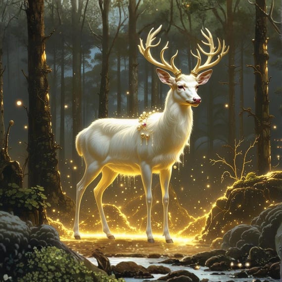 Jeweled Deer Winter Landscape Wall Art Printable Magical Forest Animal Fantasy Nature Art Modern Seasonal Decor Digital Download