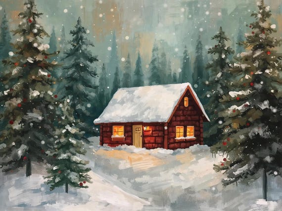 Winter Cabin Snowy Forest Scene Wall Art Printable Christmas Landscape Cozy Rustic Holiday Decor Digital Download