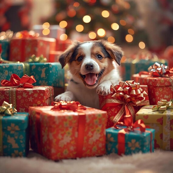 Cute Puppy with Christmas Gifts Wall Art Printable Festive Holiday Dog Illustration Winter Christmas Decor Digital Download