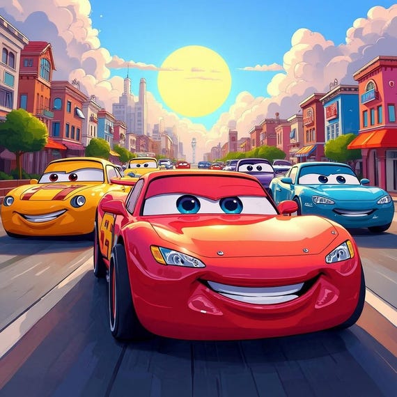 Colorful Cartoon Cars Wall Art Printable Animated Kids Transport Illustration Bright Playroom Nursery Decor Digital Download
