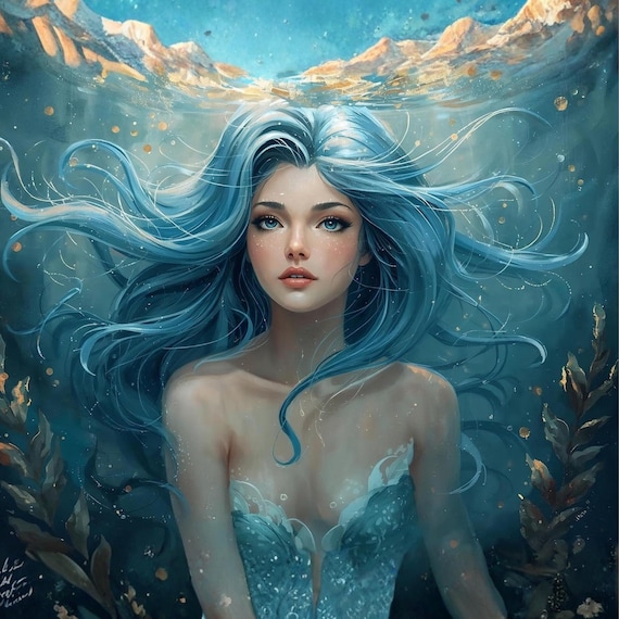 Underwater Portrait Oil Painting Style Wall Art Printable Serene Acrylic Mixed Media Fantasy Figure Art Modern Digital Download