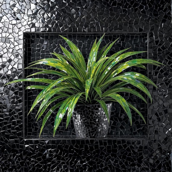 Green Plant Mirror Mosaic Wall Art Printable Black Metallic Background Abstract Botanical Modern Luxury Digital Download Home Decor