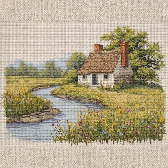 Cross Stitch Style House by Lake Wall Art Printable Cottage Lakehouse Pattern Art Rustic Embroidery Aesthetic Digital Download