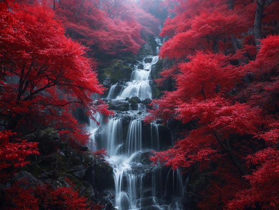 Crimson Trees and Waterfall Wall Art Printable Fantasy Nature Landscape Red Forest Cascading Water Scenic Decor Digital Download